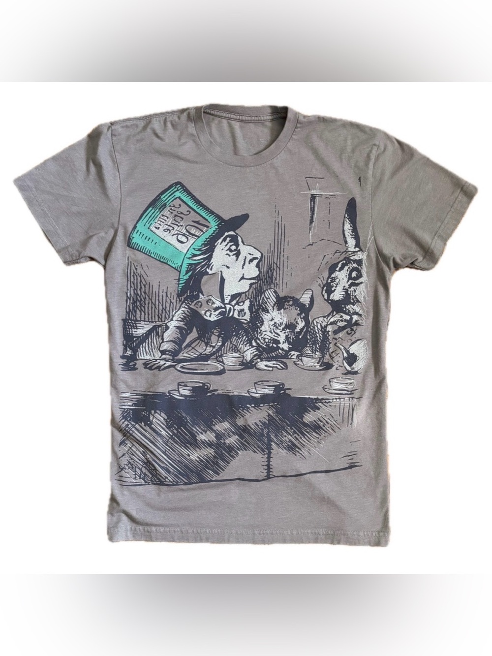 Out Of Print Alice In Wonderland Mad Hatter And Rabbit Gray T Shirt Size Small